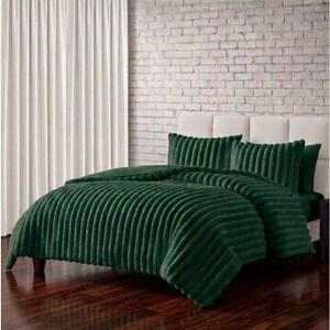 Hallmart Collectibles King Comforter Set Green luxurious faux fur 3 Piece Glam